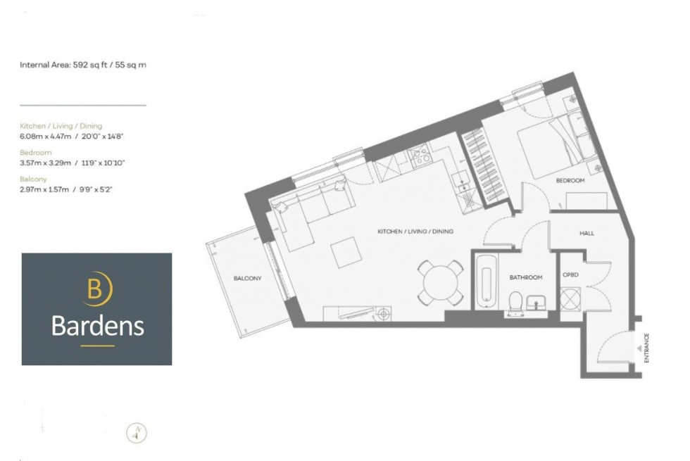 Floorplan for 1 Bedroom Apartment with Parking & Private Balcony, The Potteries, Linden Park Road, Tunbridge Wells, TN2