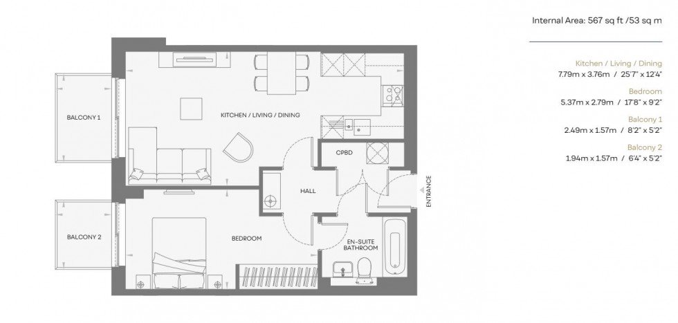 Floorplan for 1 Bedroom Apartment with Private Balcony, The Potteries, Linden Park Road, Tunbridge Wells, TN2