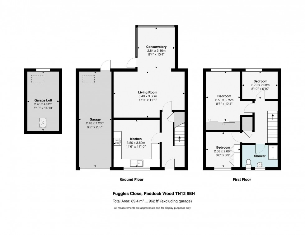 Floorplan for 3 Bedroom End of Terrace House with Garage & Loft Room, Fuggles Close, Tonbridge