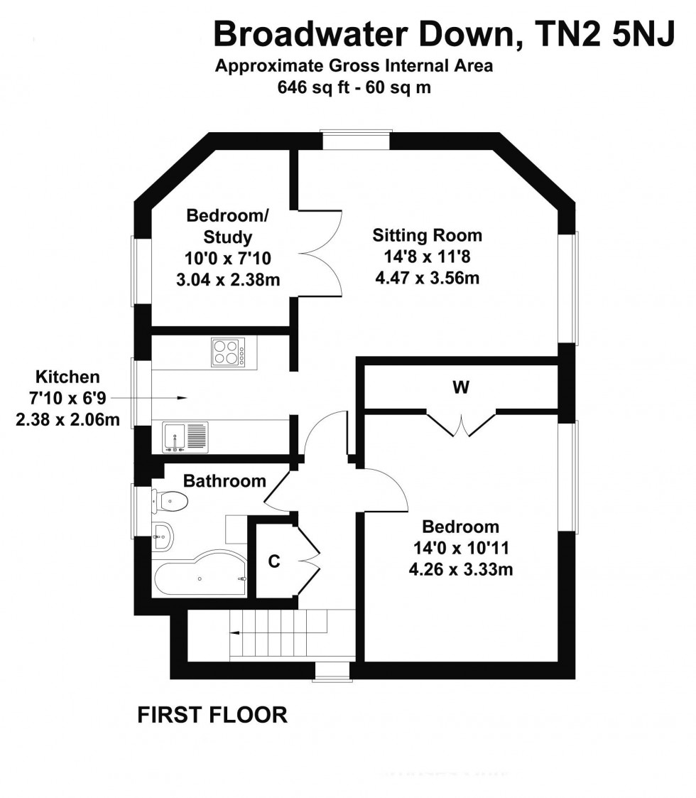 Floorplan for 1 Bedroom First Floor Apartment with Study, Courtyard Garden & Parking, Broadwater Down, Tunbridge Wells
