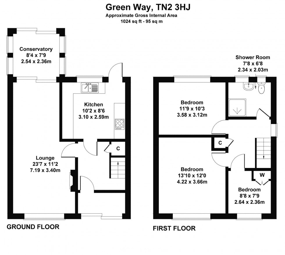 Floorplan for 3 Bedroom Semi-Detached House with Garage, Garden & Driveway Parking, Green Way, Tunbridge Wells