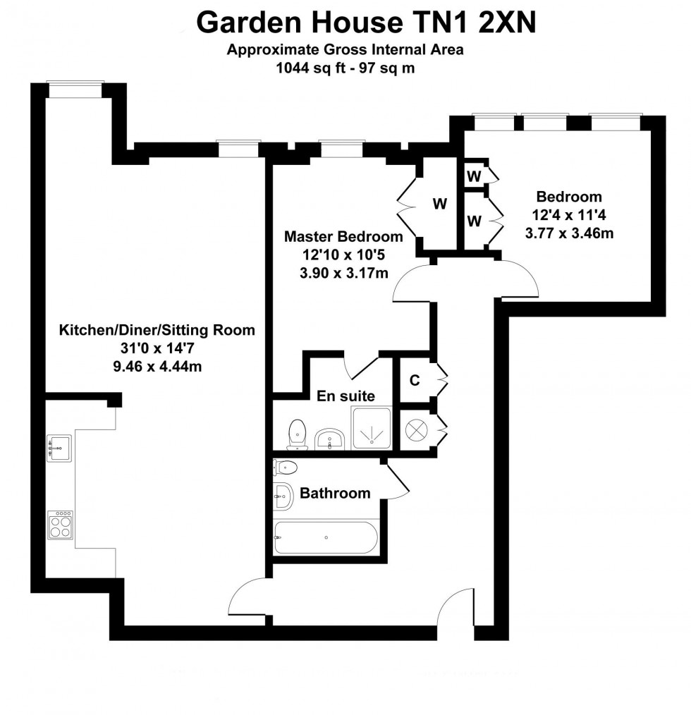 Floorplan for 2 Bedroom 2 Bathroom Apartment with Parking, Calverley Street, Tunbridge Wells
