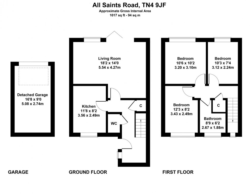 Floorplan for 3 Bedroom Terraced House with Garage and Garden, All Saints Road, Tunbridge Wells