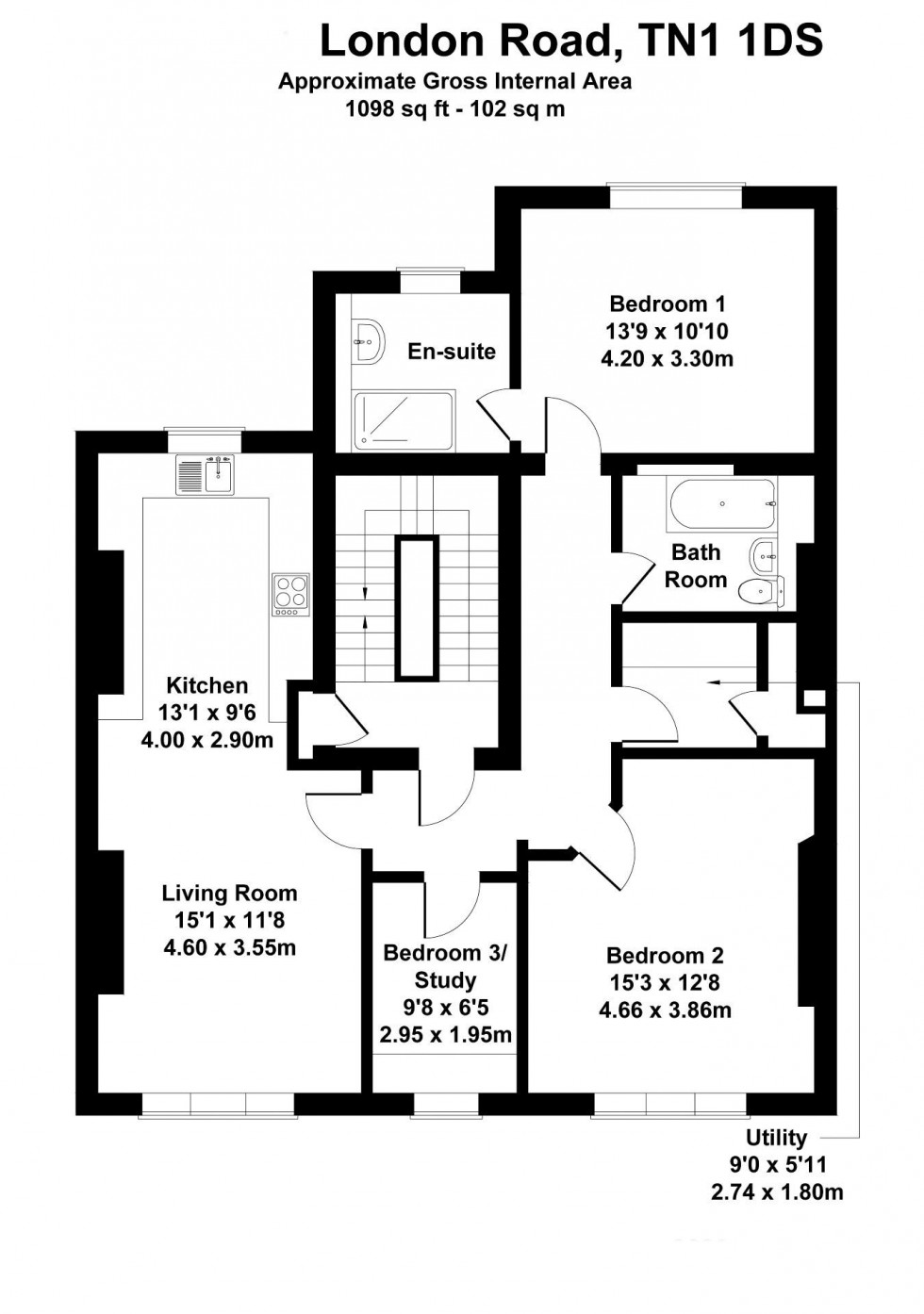 Floorplan for 3 Bedroom 2 Bathroom Apartment, London Road, Tunbridge Wells