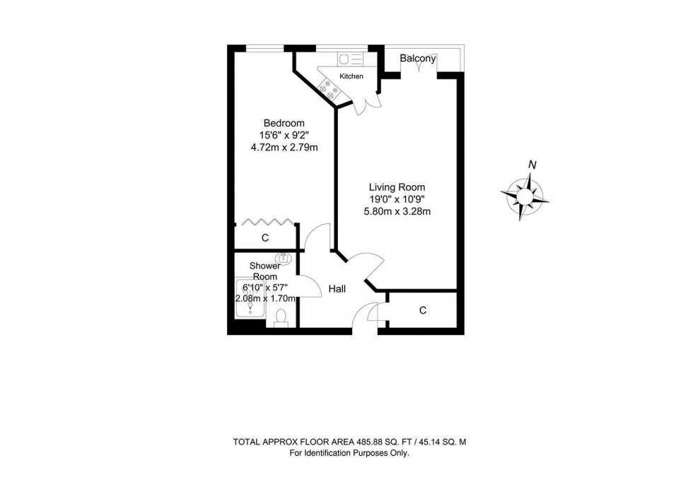 Floorplan for 1 Bedroom Retirement Flat with Balcony, Medway Wharf Road, Tonbridge