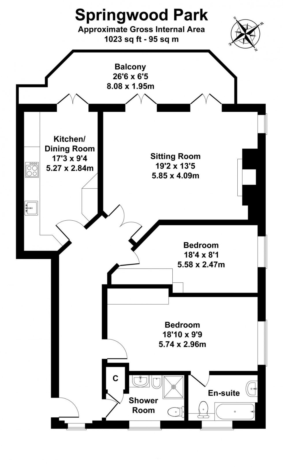 Floorplan for 2 Bedroom Apartment, Springwood Park, Tonbridge
