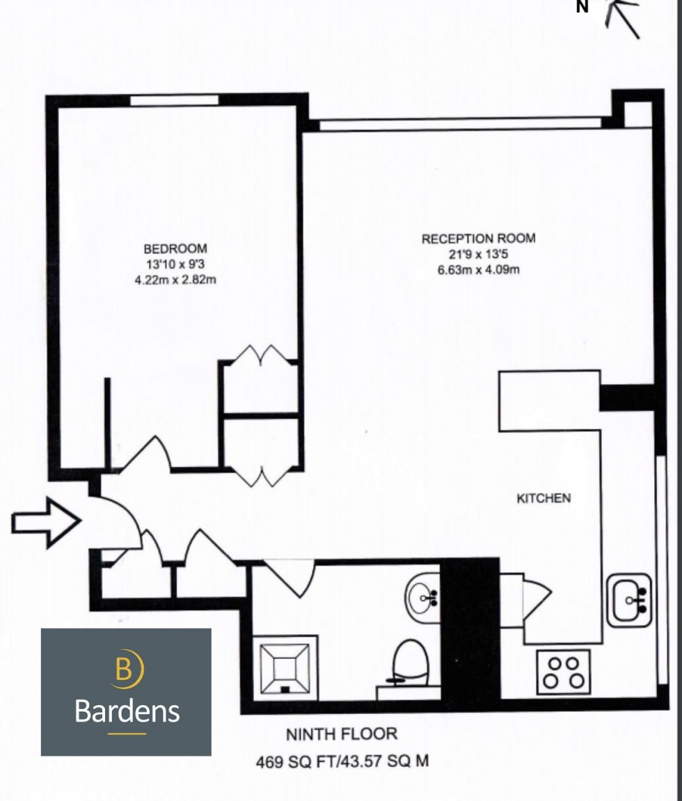 Floorplan for One Bedroom Flat with Open Plan Kitchen Living Room, Canada Estate, SE16 7BE