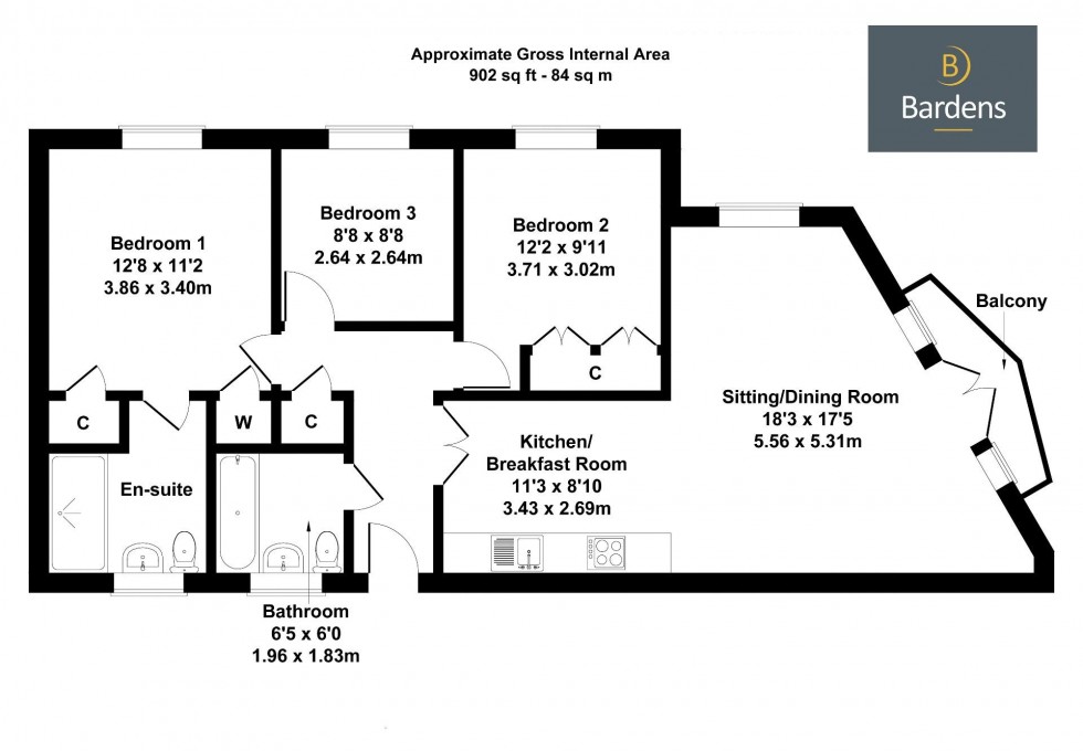 Floorplan for 3 Double Bedroom 2 Bathroom Apartment with Parking, Close to Station, Goods Station Road